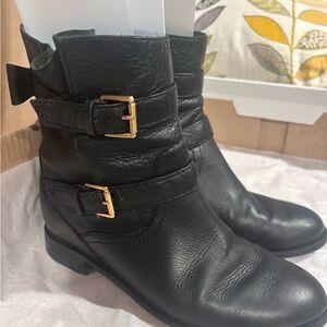 Kate Spade Black Leather Moto Boots with Gold Buckles